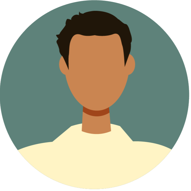 circle shaped graphic illustration of dark haired faceless person in an off-white shirt on a blue background